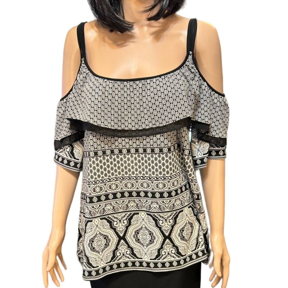 WHBM Womens‎ Cold Shoulder Ruffle Blouse XXS Lagenlook Bohoemian Style